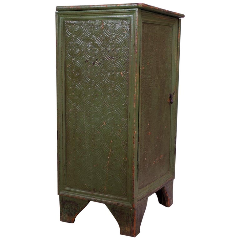 19th Century English Carved And Painted Green Pantry Cabinet