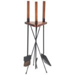 Mid-Century Modern Oak Fire Tools and Tripod Carrier