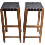 Pair of Stained Walnut Bar Stools with Original Leather Webbing