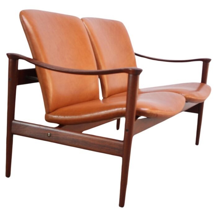 Vintage Norwegian Modern Loveseat in Leather and Teak by Fredrik Kayser