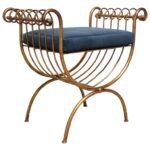 Italian Gilded Metal Stool or Bench With Blue Velvet Cushion by S. Salvadori