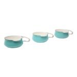 Set of Three Vintage Dansk Turquoise Enamel Sauce Pans With Woven Handles