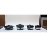 Set of Four Cathrineholm Enamel Pots in Black / White Lotus Pattern - Image 2