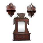 1930s Folk Art Painted Wood Decorative Hallway / Shave Mirror and Petite Wall-Mounted Shelves