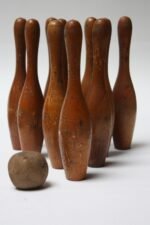 Antique Wooden Bowling Pins With Ball and Box - Image 4