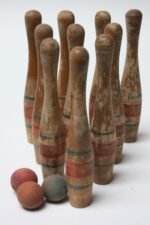 Antique Painted Wooden Skittles / Bowling Pins With Balls and Box - Image 5