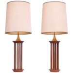 Pair of Tall Mid-Century American Modern Walnut and Brass Table Lamps