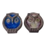 Pair of Vintage Norwegian Crackle Enamel and Stone Winking Owls