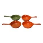 Set of Four Mid-Century Japanese Enamel Coated Cast Iron Mini-Skillets / Butter Warmers