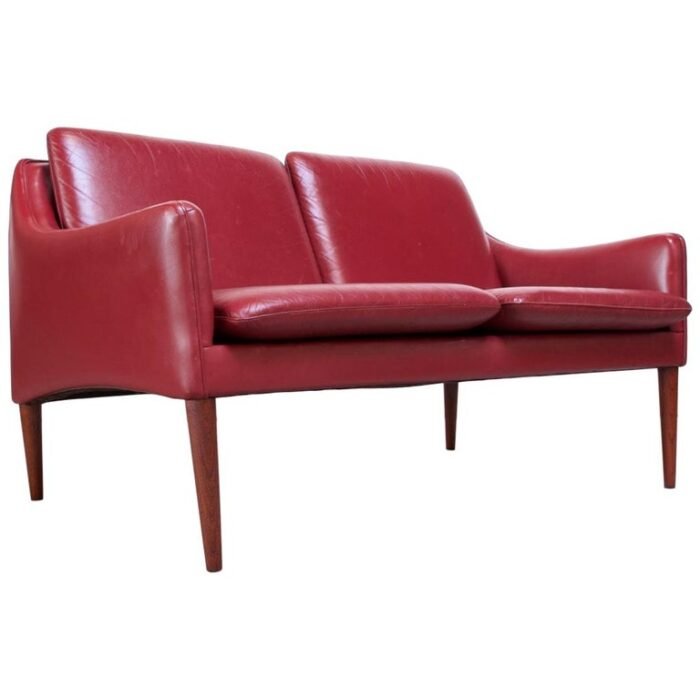 Danish Modern Cranberry Leather Settee by Hans Olsen