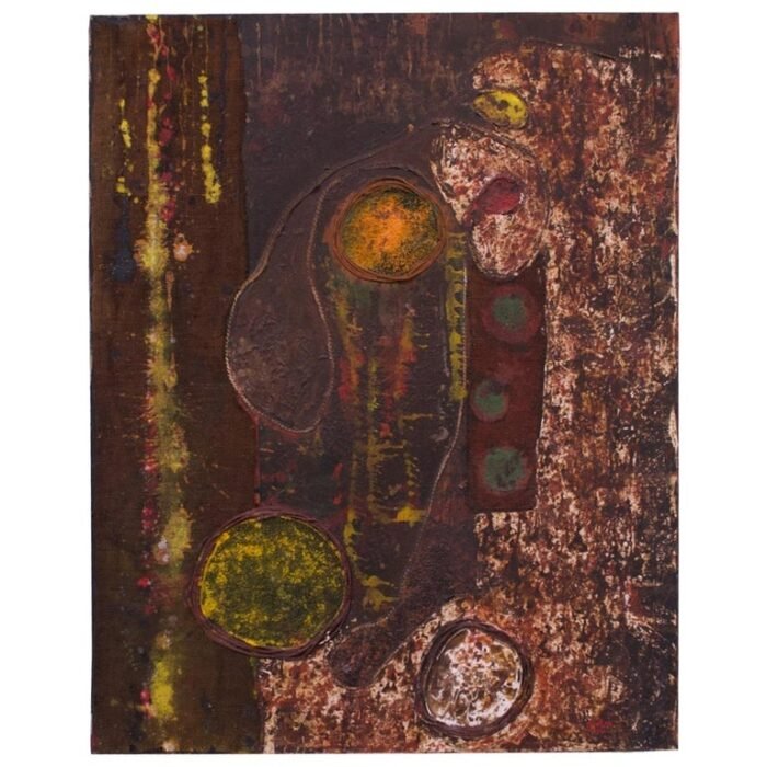 1974 Mixed-Media Acrylic and Raffia Abstract on Canvas Signed Rohan