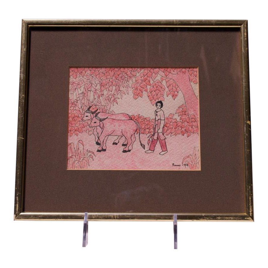 1 Vintage Southeastern Asian Figural Ink and Watercolor - Image 1