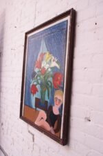 Outsider Art "Girl with Floral Arrangement" Acrylic on Panel by Bruno Del Favero - Image 2