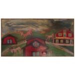Outsider Art "Deer and Houses" Oil on Panel Landscape by Bruno Del Favero