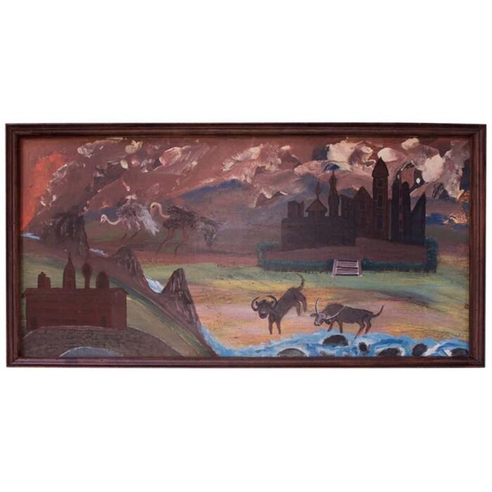 Outsider Art “Animals and Castles” Oil on Panel by Bruno Del Favero
