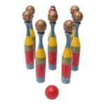 Set of Eight Mid-Century Modern English Skittles With Ball