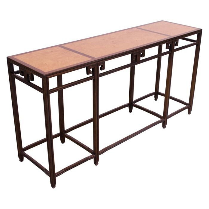 Vintage Michael Taylor “Far East” Console Table for Baker in Oak and Burl Inlay