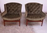Pair of Jens Risom Model 2137 Walnut "Floating" Lounge Chairs in Olive Velvet - Image 5