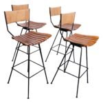 Set of Four Rush and Iron Swiveling Bar Stools by Arthur Umanoff