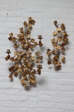 Set of Vintage Italian Gilt Tole Grapeleaf Sconces / Candleholders - Image 3