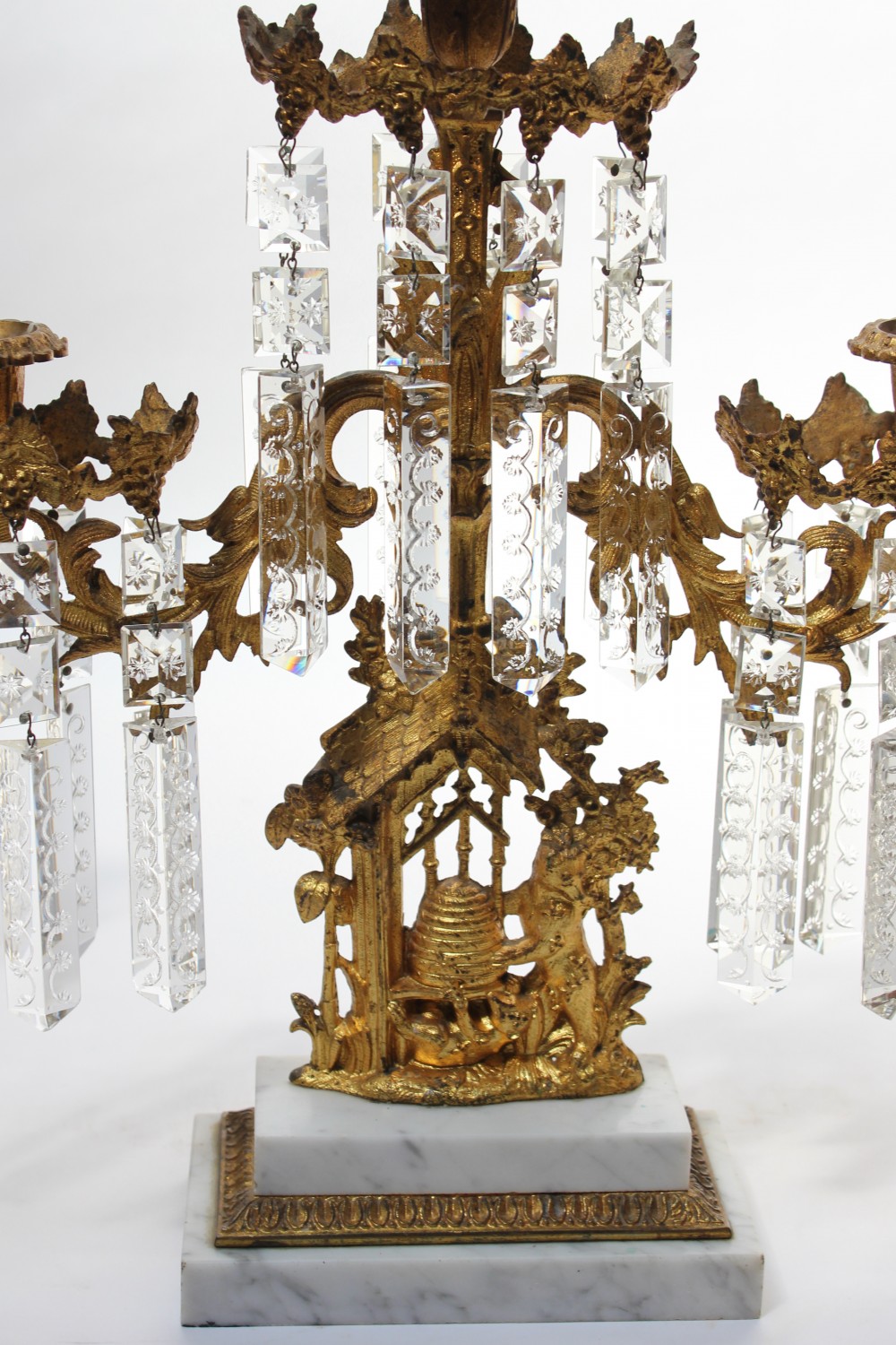 Brass and Marble Candelabra with Crystal Prisms