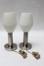 Pair of Mid-Century Brushed Aluminum Table Lamps with Frosted Glass Shades - Image 3