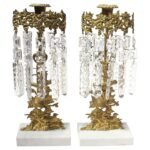 Pair of French Gilt Metal and Crystal Girandole Candelabra with Bird Motif