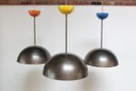 Set of Three Modernist Blackened Steel Three Fixture Dome Pendant Lights - Image 2