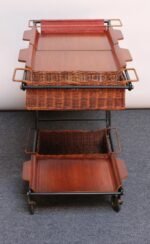 Italian Modernist Iron Bar Cart / Trolley with Plywood and Wicker Inserts - Image 8