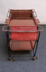 Italian Modernist Iron Bar Cart / Trolley with Plywood and Wicker Inserts - Image 6