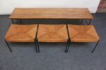 Arthur Umanoff Birch and Iron Bench/Coffee Table with Rush Nesting Stools - Image 6