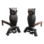 Vintage Cast Iron Owl Andirons with Glass Eyes