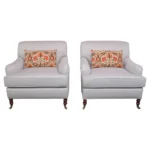 Pair of English Linen and Mahogany Club Chairs Attributed to George Smith