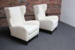 Pair of Italian Modern Tall Wingback Arm Chairs in Bouclé and Walnut - Image 2