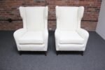 Pair of Italian Modern Tall Wingback Arm Chairs in Bouclé and Walnut - Image 6