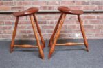 Pair of Vintage Studio Craft Windsor-Style Three Legged Low Stools in Cherrywood - Image 13