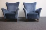 Pair of Mid-Century Italian Modern Blue Velvet Sculptural Wingback Lounge Chairs - Image 4