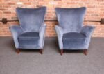 Pair of Mid-Century Italian Modern Blue Velvet Sculptural Wingback Lounge Chairs - Image 5