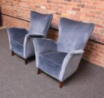 Pair of Mid-Century Italian Modern Blue Velvet Sculptural Wingback Lounge Chairs - Image 6