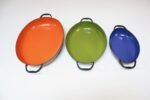 Trio of Vintage Blue, Green, and Orange Enamel Sauté Pans - Image 6