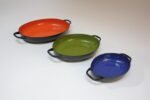 Trio of Vintage Blue, Green, and Orange Enamel Sauté Pans - Image 3