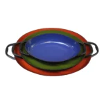 Trio of Vintage Blue, Green, and Orange Enamel Sauté Pans