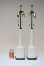 Pair of Tall American Modernist White Porcelain and Brass Tables Lamps - Image 6