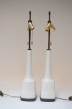Pair of Tall American Modernist White Porcelain and Brass Tables Lamps - Image 4