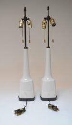 Pair of Tall American Modernist White Porcelain and Brass Tables Lamps - Image 3