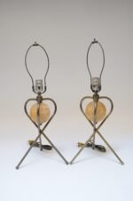 Pair of Modernera Cork and Brass Tripod Table Lamps with Fiberglass Shades - Image 7