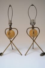 Pair of Modernera Cork and Brass Tripod Table Lamps with Fiberglass Shades - Image 6
