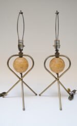 Pair of Modernera Cork and Brass Tripod Table Lamps with Fiberglass Shades - Image 4