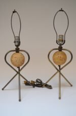 Pair of Modernera Cork and Brass Tripod Table Lamps with Fiberglass Shades - Image 5