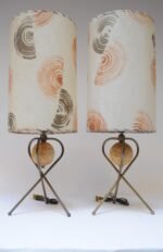 Pair of Modernera Cork and Brass Tripod Table Lamps with Fiberglass Shades - Image 2